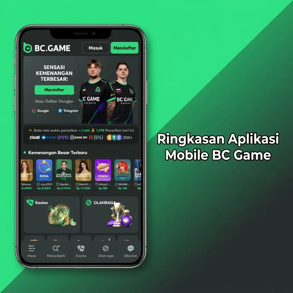 Tampilan aplikasi mobile BC Game untuk Android dan iOS dengan fitur taruhan olahraga, kasino, dan saldo kripto langsung.